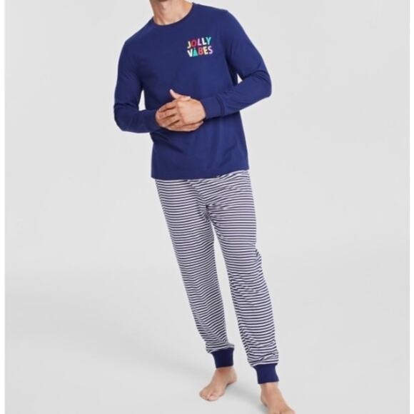 Macys Pajama Set Mens Small Navy JOLLY VIBES Holiday Festive Lounge Comfy Cozy - Picture 1 of 8